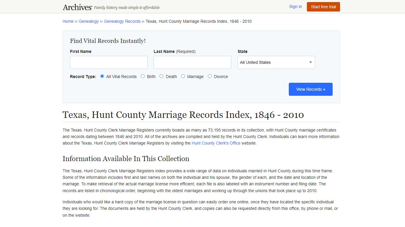 Texas, Hunt County Marriage Records Index, 1846 - 2010 - Archives.com