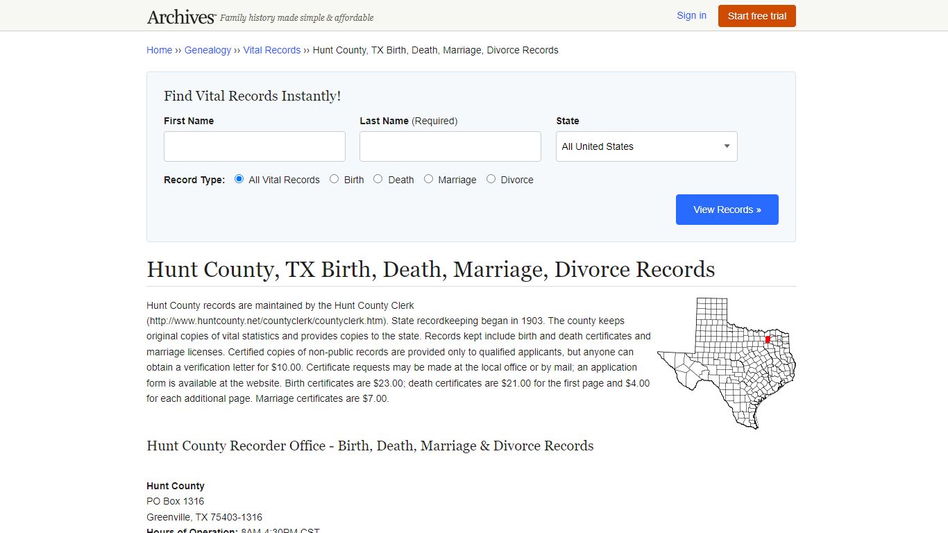 Hunt County, TX Birth, Death, Marriage, Divorce Records - Archives.com